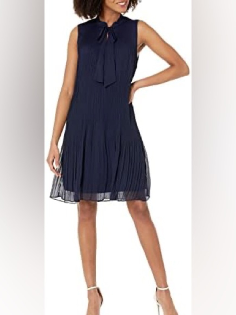 Dkny Navy Sleeveless Pleated Tie-Neck Dress